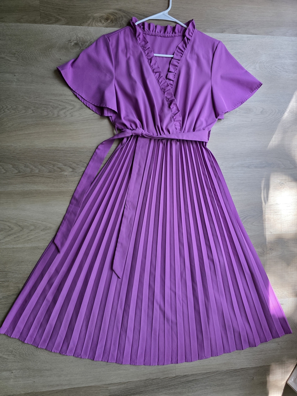SHEIN Purple Ruffle V-Neck Pleated Midi Dress Flutter Sleeve Belted